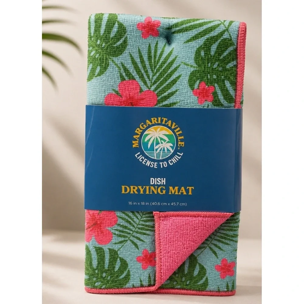 Margaritaville Dish Drying Mat Tropical Palm Leaf Floral Pink Blue 16x18 NEW